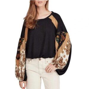 NWT FREE PEOPLE womens SHIRT boho BLACK blouse TOP ribbed CROPPED size M